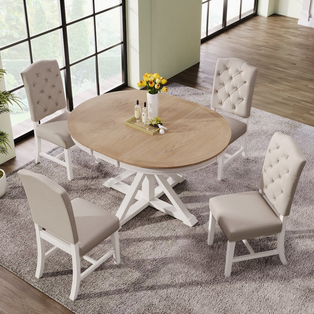 X-Cross Leg Round Dining Table Set Wooden Extendable End Table with 4 Upholstered Chairs for Dining Room & Living Room Bistro