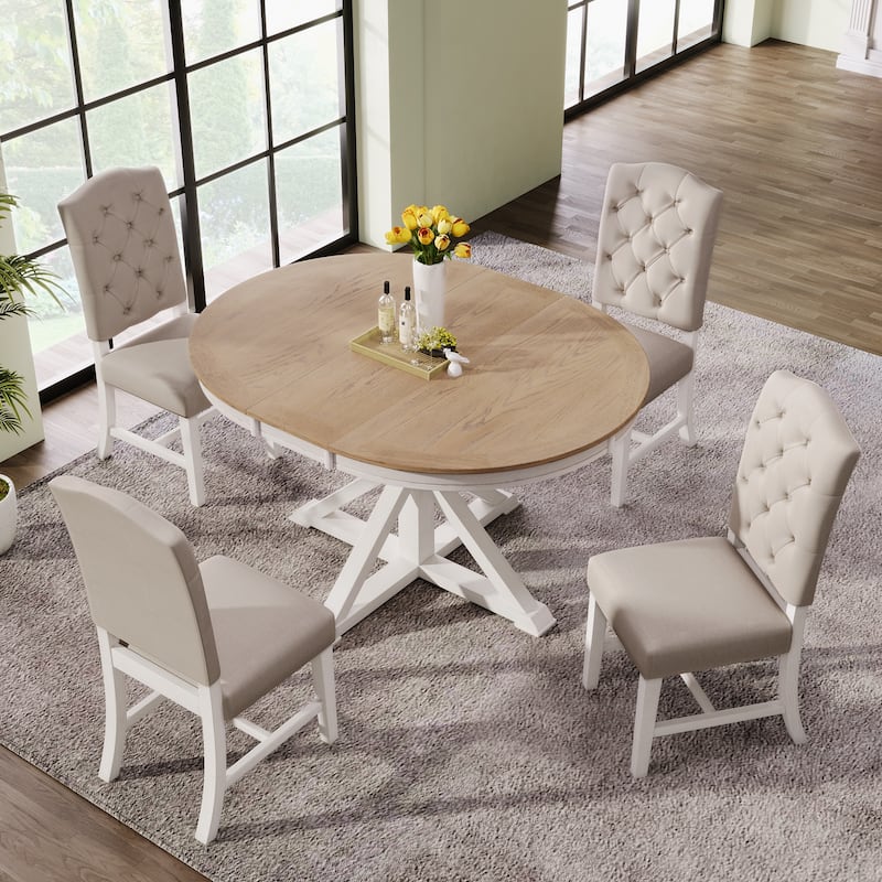 X-Cross Leg Round Dining Table Set Wooden Extendable End Table with 4 Upholstered Chairs for Dining Room & Living Room Bistro - Natural/ White