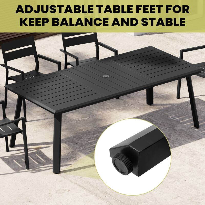 7/9/11 Piece Set Outdoor Aluminum Dining Table with Umbrella Hole for 6-10 Person and Stackable Dining Chairs