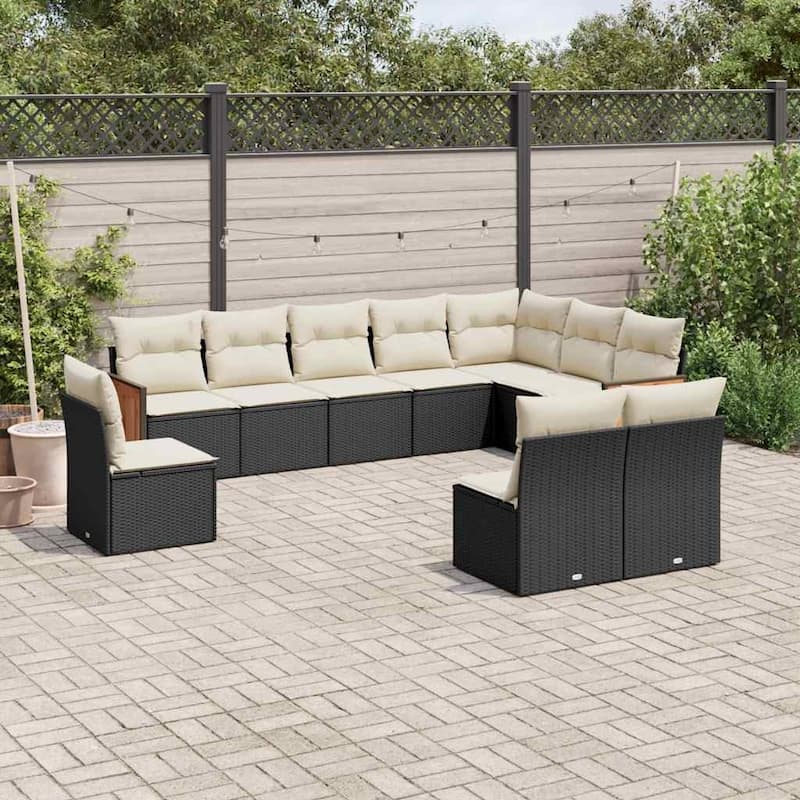 vidaXL Patio Sofa Set with Cushions Outdoor Conversation Furniture Poly Rattan - Black and cream without table - 24.4 x 24.4 x 27.2 in