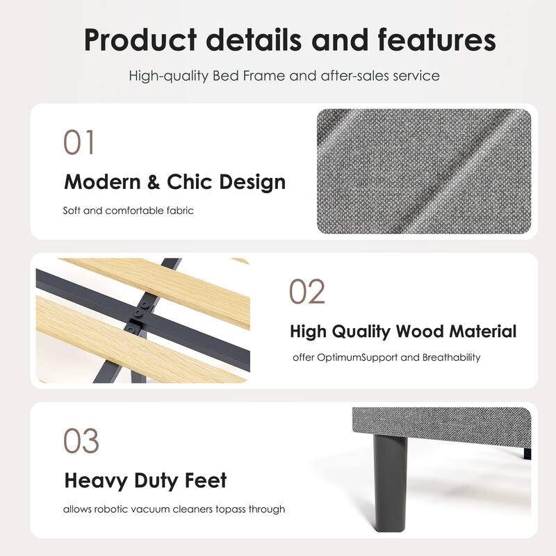 Modern Platform Bed Frame with Upholstered Headboard & Wooden Slats - No Box Spring Needed, Easy Assembly, Grey