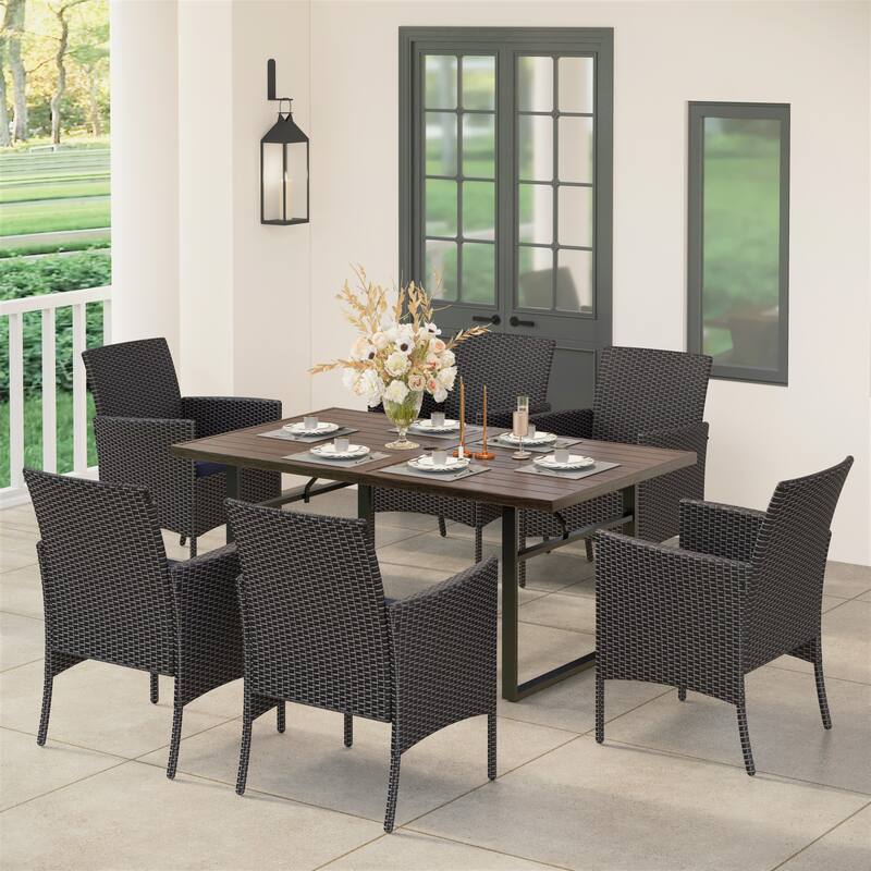 MAISON ARTS 7-Piece Patio Dining Set Printed Wood-grain Table & Rattan Dining Chairs