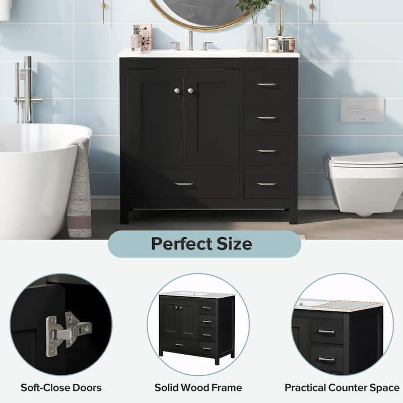 36" White Bathroom Vanity with Ceramic Sink Combo, Ample Storage Cabinet - 2 Soft-Close Doors and 5 Drawers
