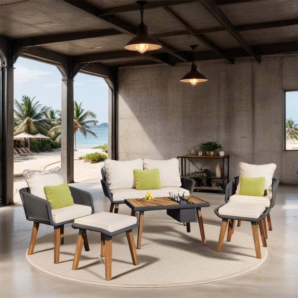 6-Piece Patio Furniture Set with Acacia Wood Bar Table and Two Stools