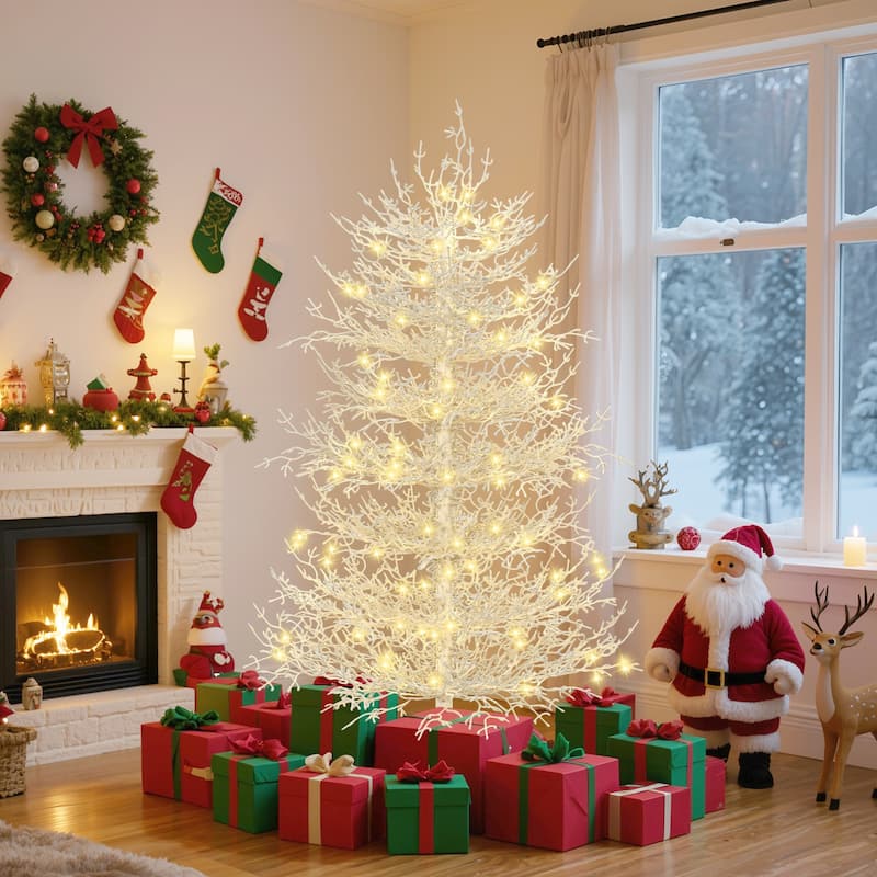 4FT Pre-lit Aspen Fir Artificial Christmas Tree, Hinged Xmas Tree 280 Snow Flocked Branch Tips, 230 Warm Yellow LED Lights