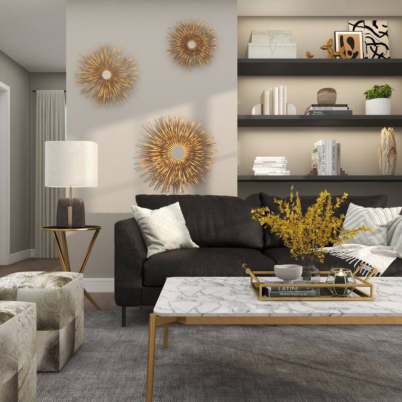 Metal 3D Looped Sunburst Wall Decor with Mirrored Center (Set of 3) - Silver or Gold