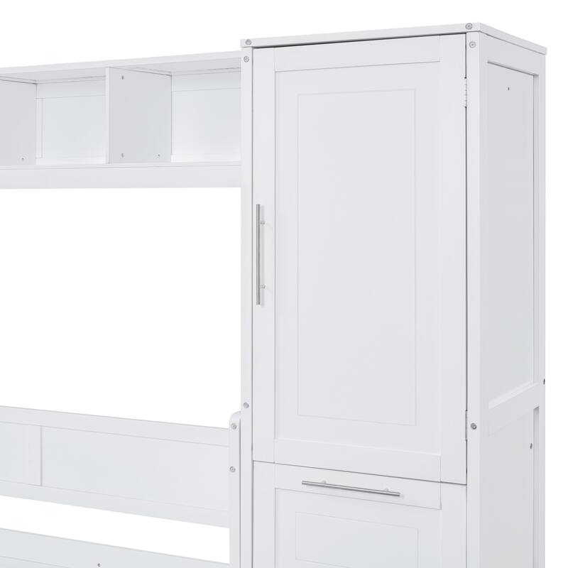 Murphy Bed with Side Wardrobe, Top Cabinet & Storage Drawers, Wall Bed Panel Bed Frame Foldable Into White Cabinet, Full Size