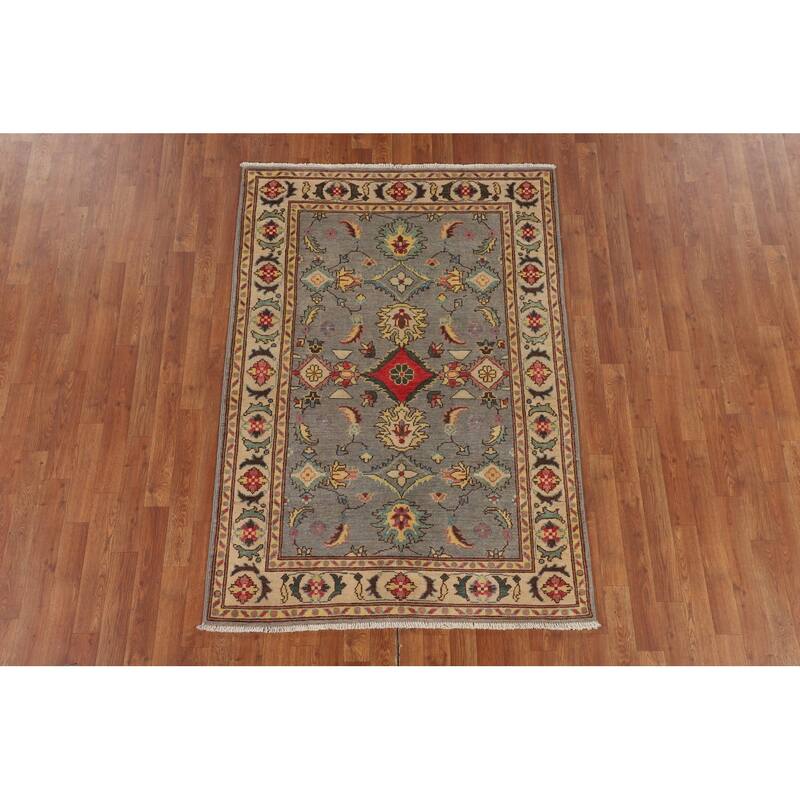 Gray Floral Kazak Oriental Area Rug Hand-Knotted Wool Carpet - 4'1" x 5'11"
