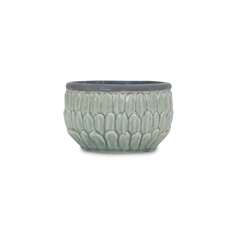 HomeRoots Blue Ceramic 37 Ounce Round Distressed Pot Planter - 6.50 in. x 3.75 in. x 6.50 in.