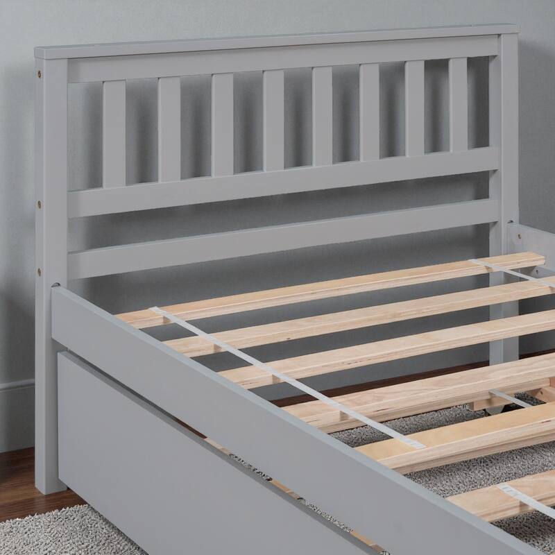 Twin Size Wooden Platform Bed with Trundle, Headboard and Footboard, Space-Saving Design for Guest or Small Bedroom