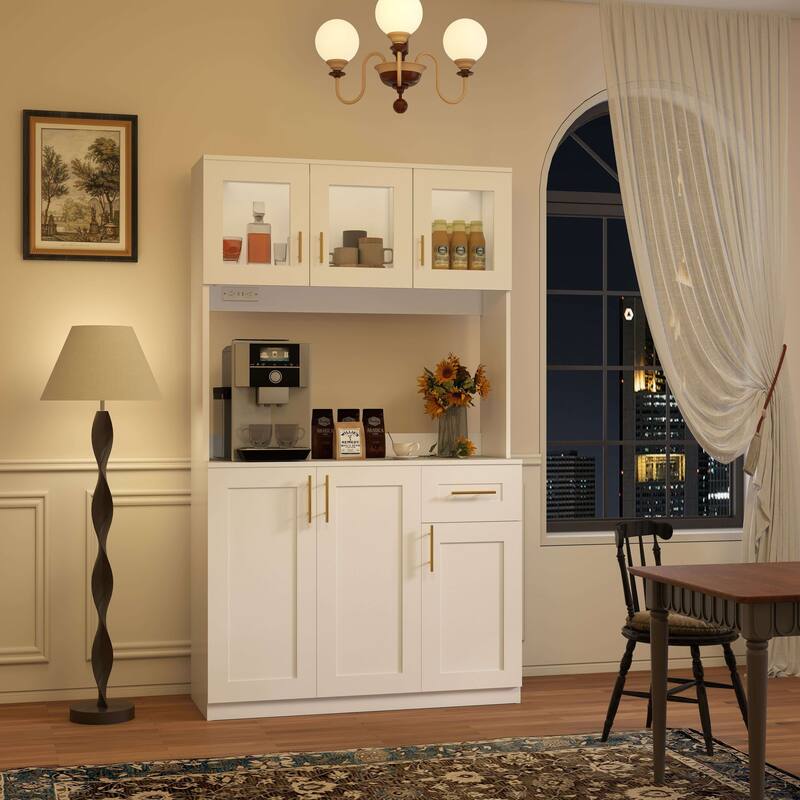71'' Kitchen Pantry Cabinet with Hutch, Drawer & LED Light, Microwave Stand with Power Outlet for Dining Room or Kitchen