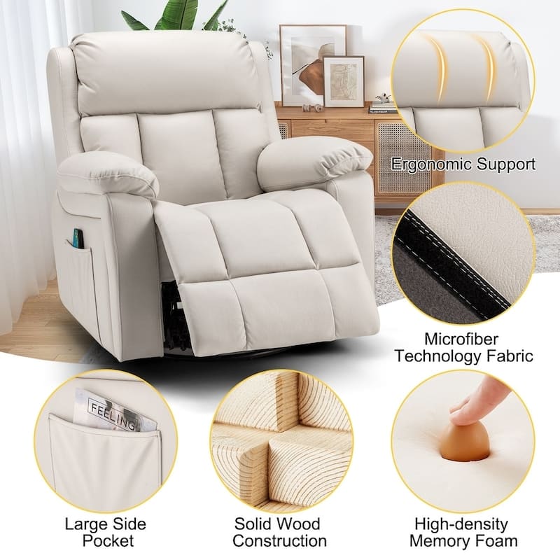 Heated 360° Swivel Massage Recliner Chair - Luxury PU Leather Reclining Sofa with Side Pocket for Living Room