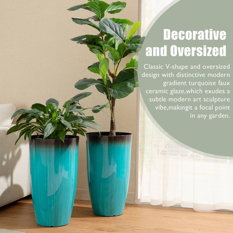 Glitzhome 23.5"H Set of 2 Oversized Gradient Blue or Green Planter Tall Plastic Flower Pot