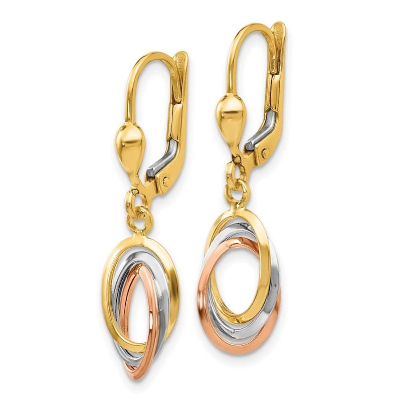 Curata 14k Tri Color Gold 30x5mm Polished Dangle Triple Oval Leverback Earrings