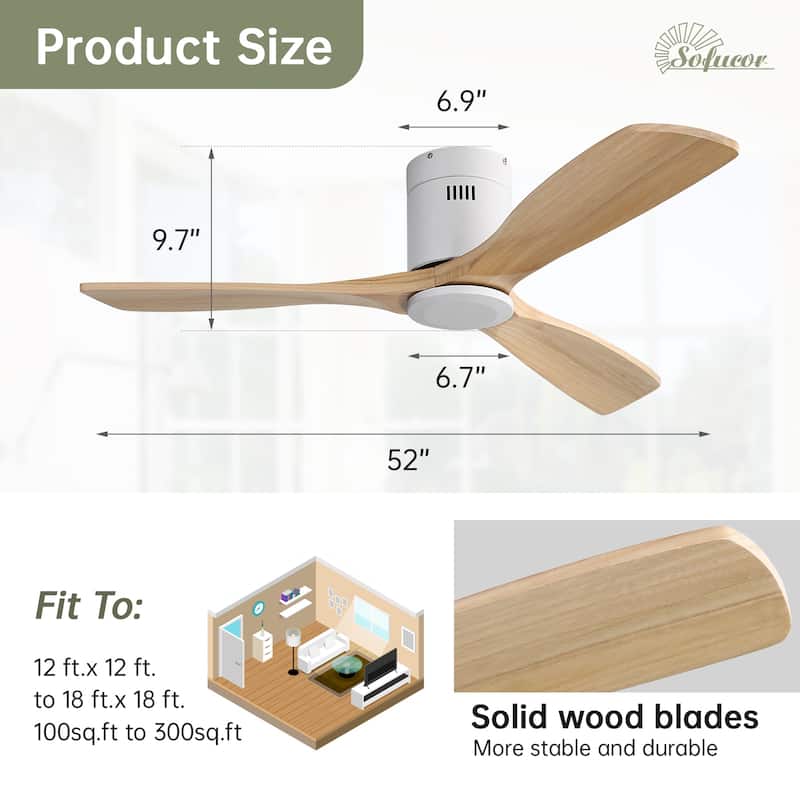 Sofucor 52" Low Profile Flush Mount Noiseless Ceiling Fan with Light and Remote,3 Solid Wood Blades,6 Speed Levels