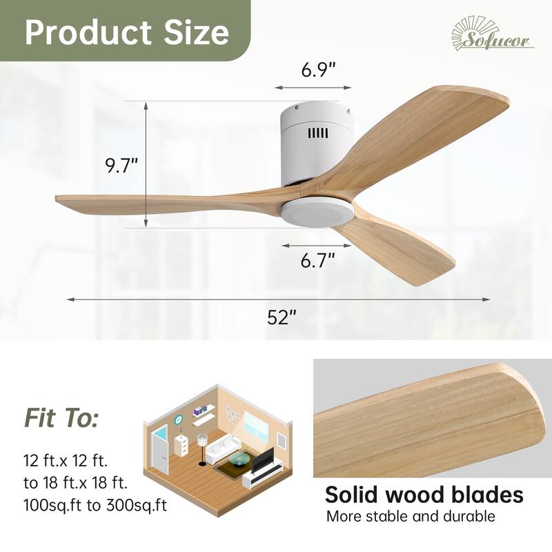 Sofucor 52 Inch Solid Wood Flush Mount Indoor Ceiling Fan without Light,Remote Control,Retractable Blades,Smart Optional