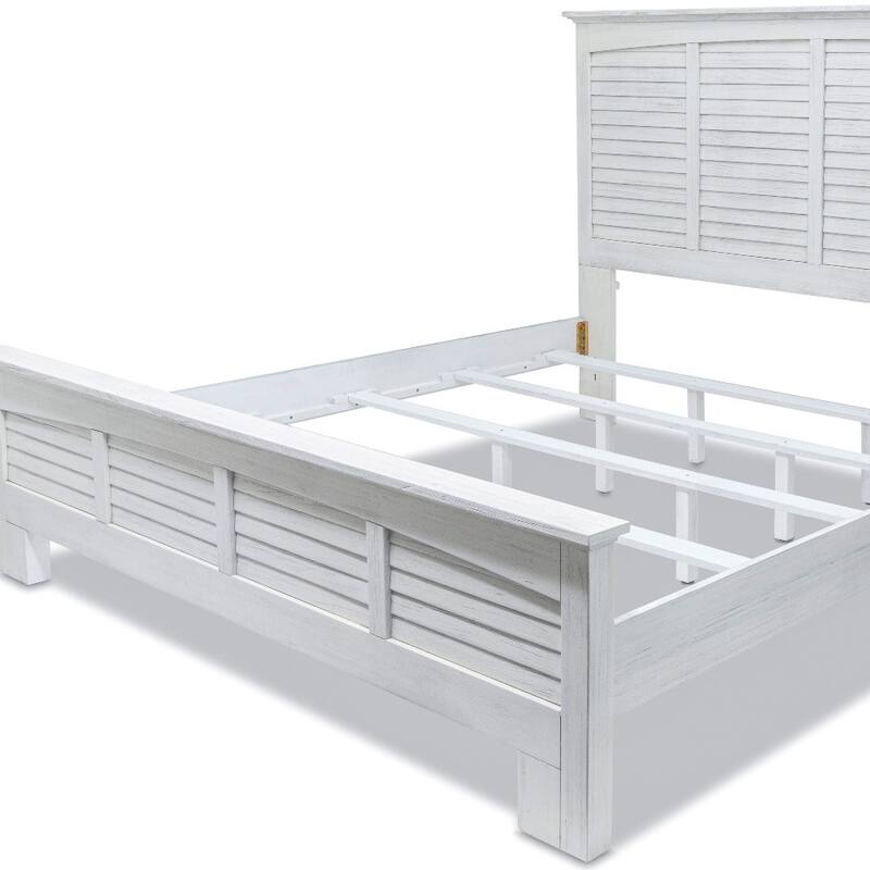 HomeRoots White Plantation Shutter Distressed Solid Wood King Bed Frame
