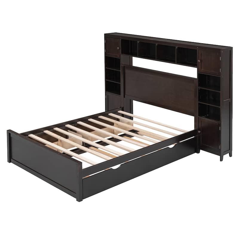 Full/Queen Size Bed with Storage Drawers, Headboard Cabinet, Shelves, Sockets, Twin/Twin XL Trundle, Solid Wood Platform Bed