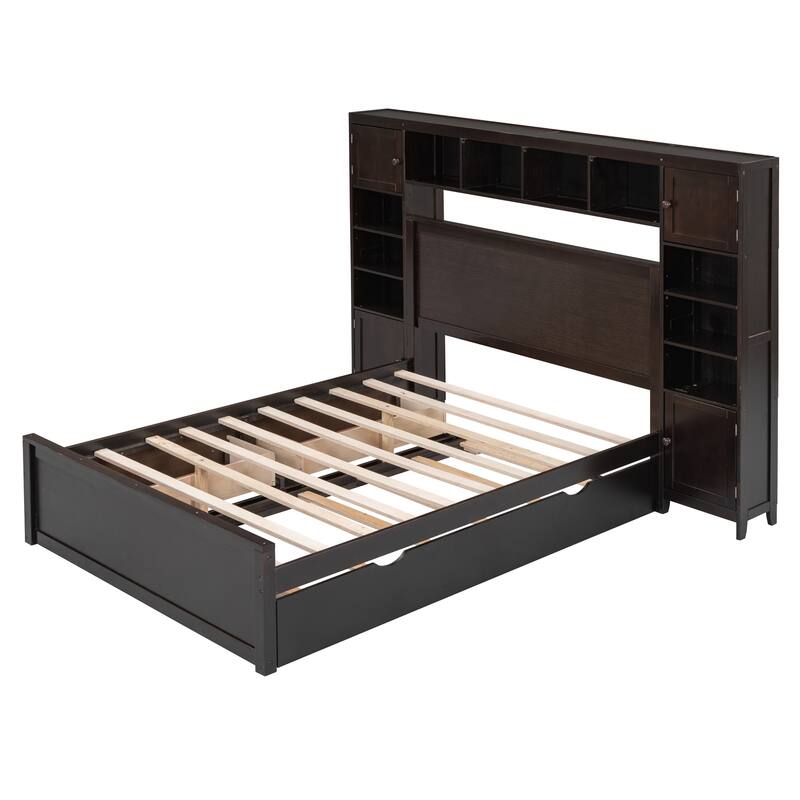 Wood Platform Bed with All-in-One Cabinet and Shelf, Slat Support Bed Frame, Storage Headboard with 10 Shelf Cubes & 4 Cabinets
