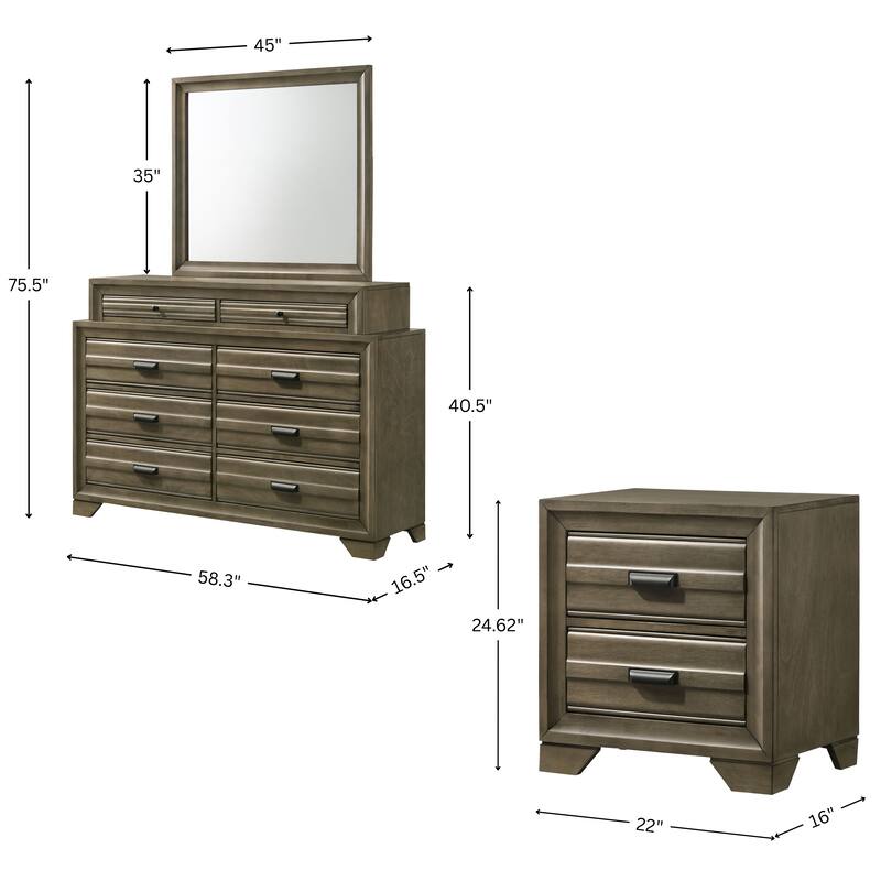Roundhill Furniture Loiret Rubbed Gray Oak Finish Wood Storage Platform Bedroom Set with Dresser, Mirror, Two Nightstands