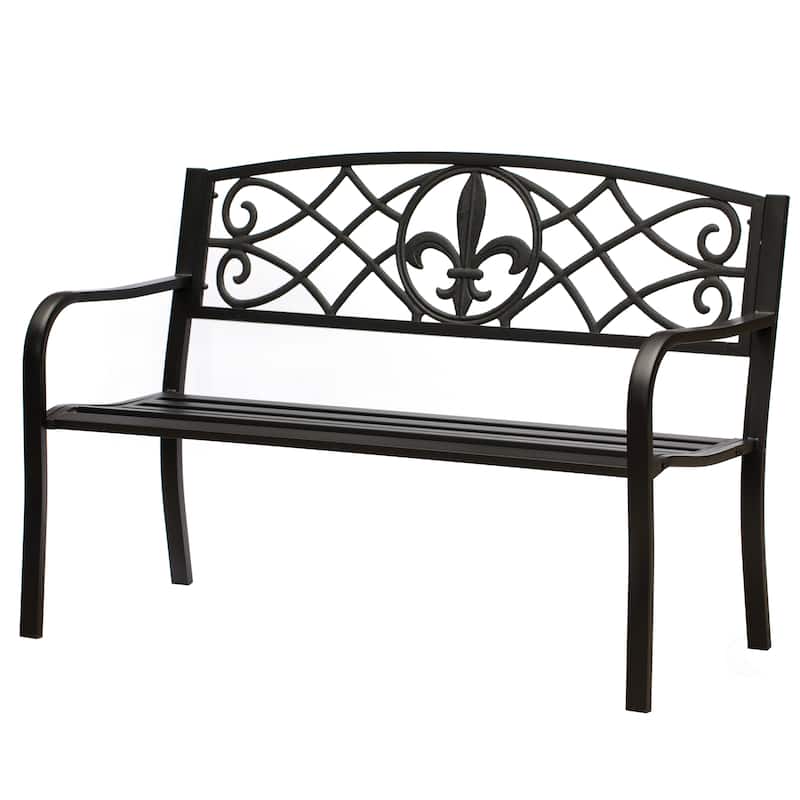 Outdoor Garden Patio Steel Park Bench Lawn Decor with Cast Iron Unique Design Back, Black Seating Bench for Yard, Patio, Garden - Black