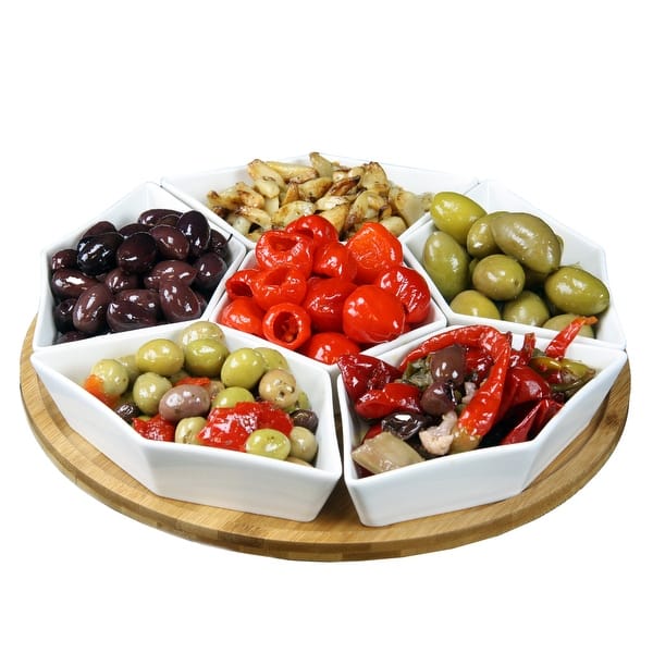 Acacia Lazy Susan with 4 Porcelain Dishes Serving Set - First Choice Produce