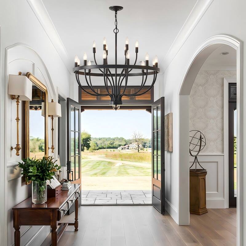 Classic Wagon Wheel Chandelier - Adjustable Rustic Ceiling Light with Matte Black Finish