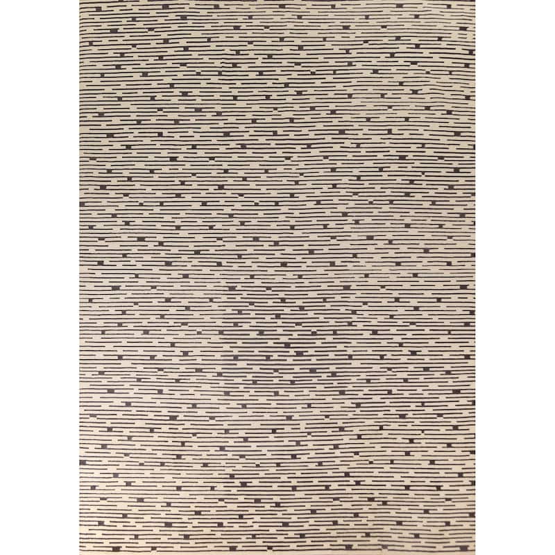 Striped Beige Nepalese Indian Area Rug Hand-Knotted Wool Carpet - 9'0" x 11'8"