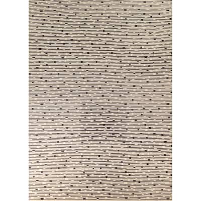 Striped Beige Nepalese Indian Area Rug Hand-Knotted Wool Carpet - 9'0" x 11'8"
