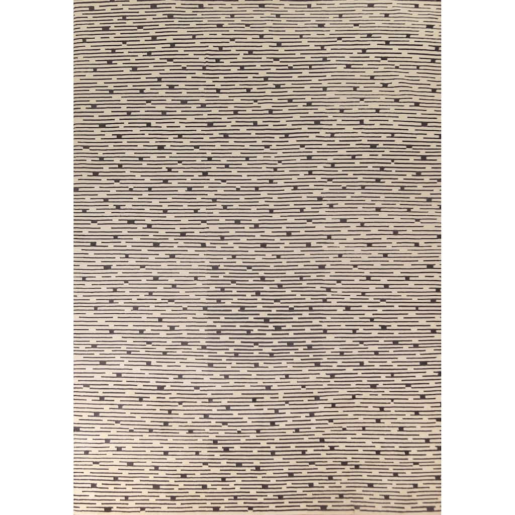 Striped Beige Nepalese Indian Area Rug Hand-Knotted Wool Carpet - 9'0" x 11'8"