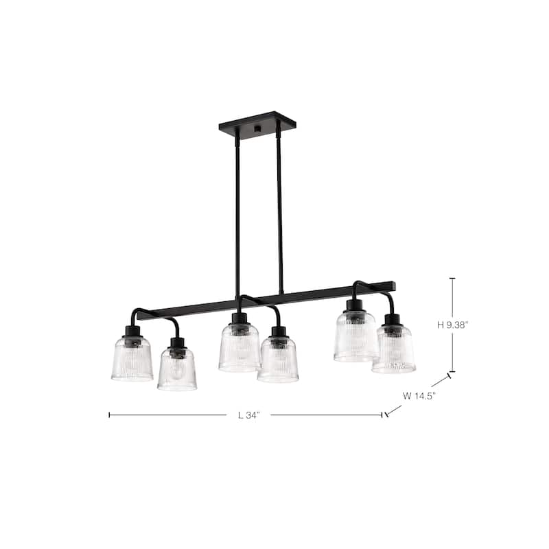 Grayson 6 Light Island Pendant Matte Black Finish Clear Ribbed Glass - Matte Black