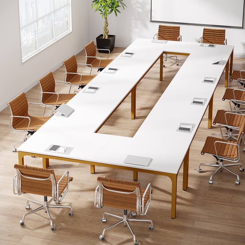 19FT Conference Table,Large Rectangle Meeting Seminar Table for 16-22 Person - White+Gold
