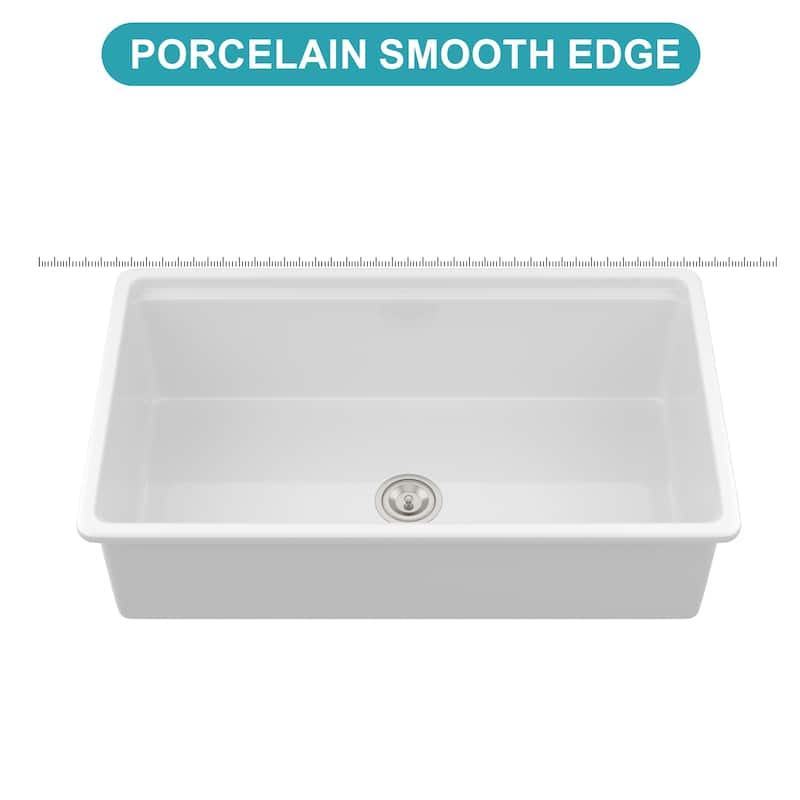 33 Inch Undermount Single Bowl Ceramic Kitchen Sink in White - 33'' x 19'' x 10''
