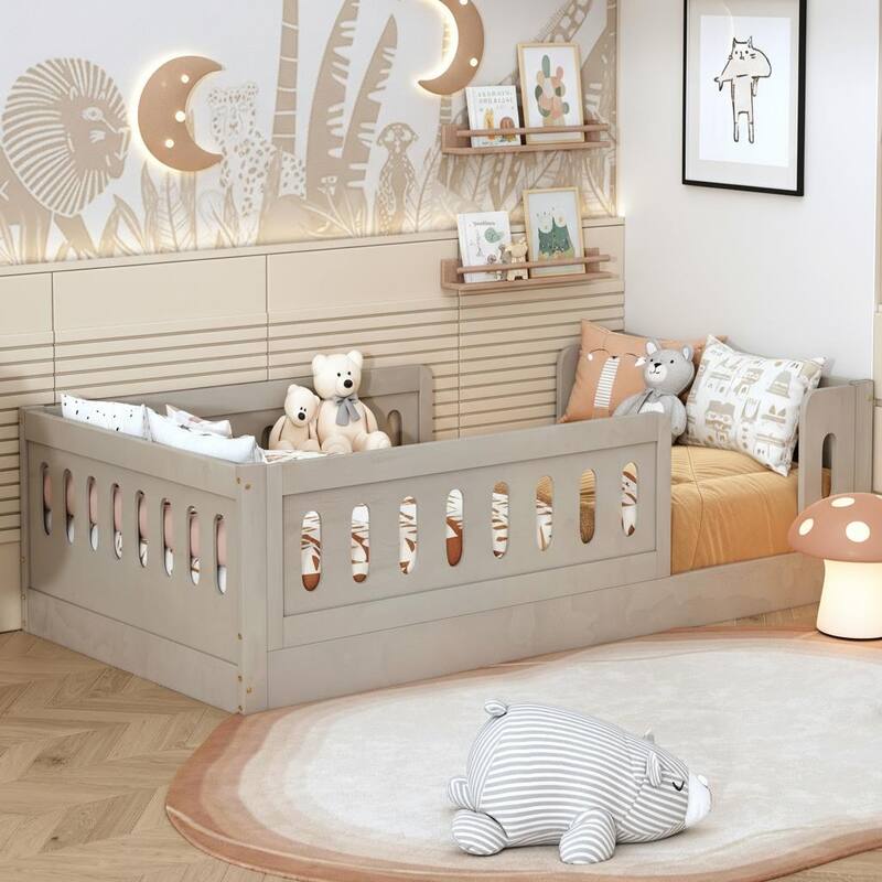 Floor Platform Bed with Guardrails by Harper&Bright Designs - Natural - Twin