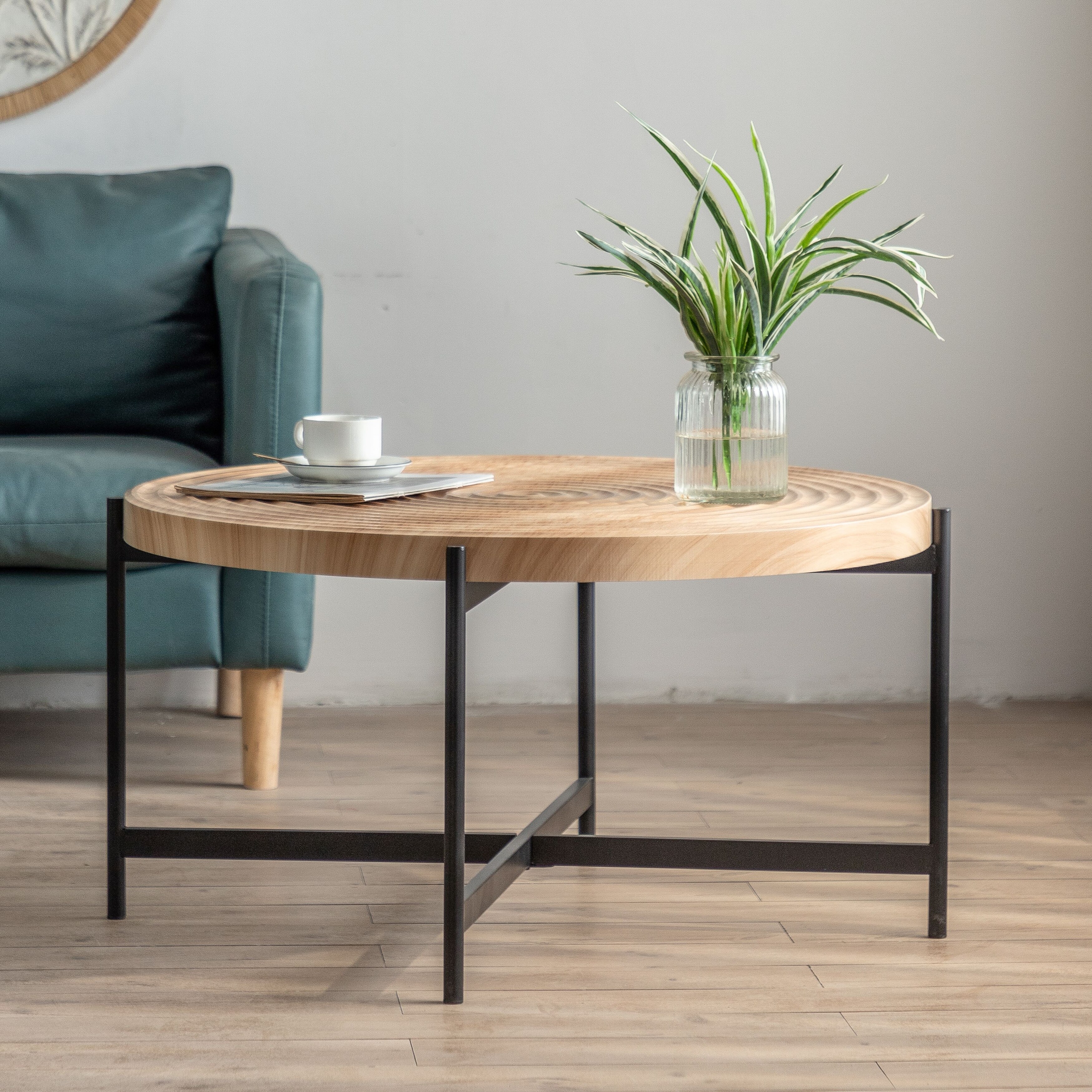 Round Coffee Table, Rustic Wood Table Top Cross Table for Living Room