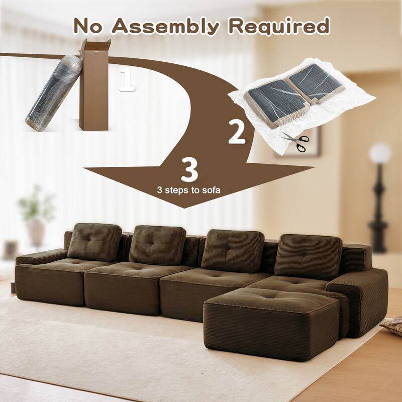 Roomfitters No Assembly Modular Sofa, 117 Inch Corduroy 3-Seater with Piping, Brown