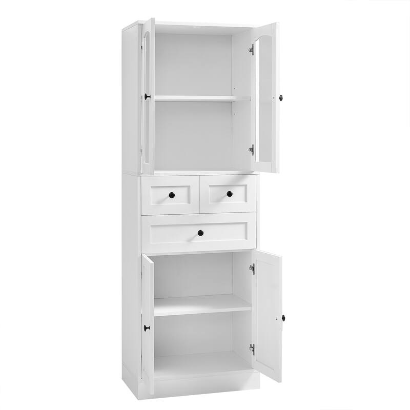 Adjustable Storage Cabinet with Above Glass Door Cabinet and Below Wooden Door Cabinet, Tall Bathroom Cabinet with 3 Drawers