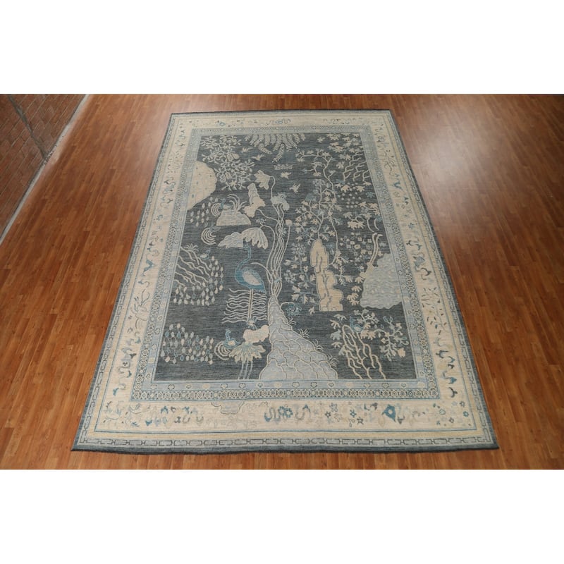 Hand Knotted Oriental 100% Wool Carpet Traditional Floral Greys & Charcoal Art Deco Area Rug - 14' 0'' X 9' 10''