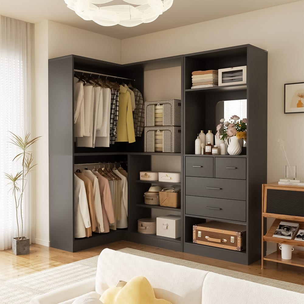 Cimly Set of 2 Corner Closet System with Drawers, Closet Organizer with Hanging Rods and Storage Shelves