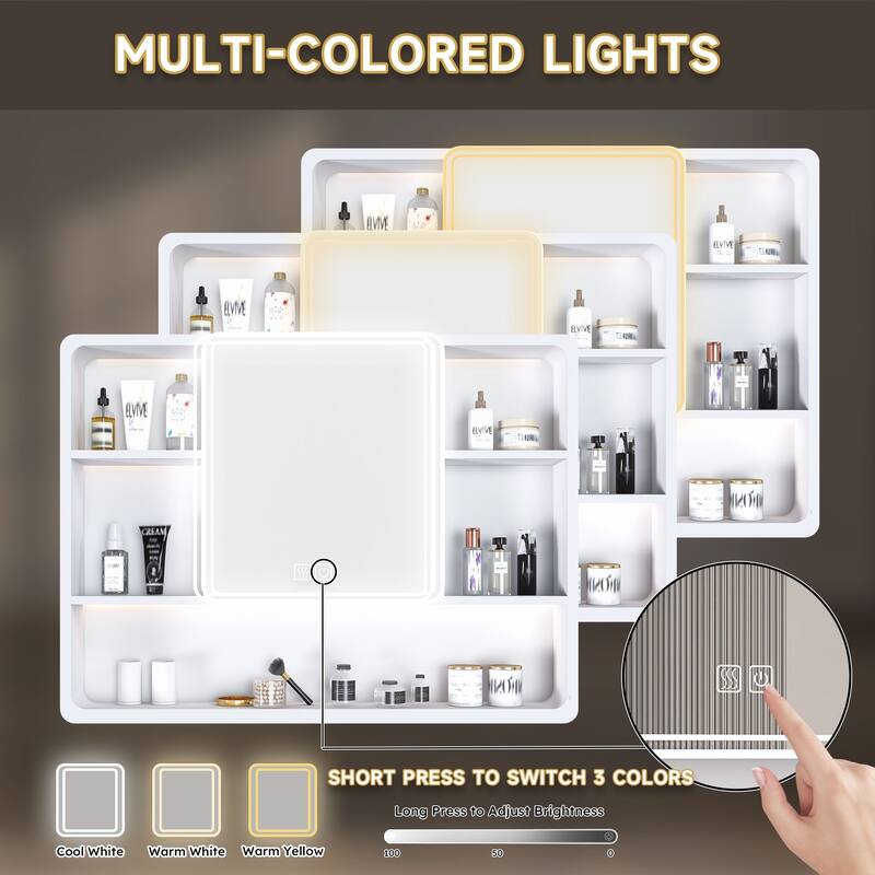 Bathroom Medicine Cabinet with LED Lighting, Defogger, Cosmetic Storage Rack & Hair Dryer Holder - 27.56X35.43 in