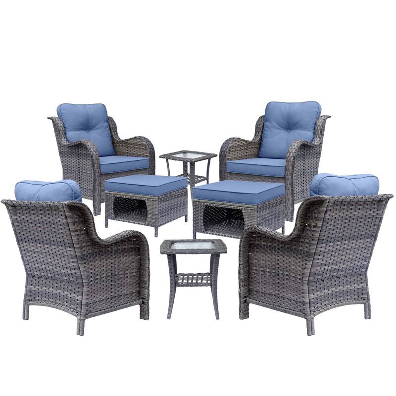 8 Piece Outdoor Wicker Patio Furniture Conversation Chair and Ottoman Set