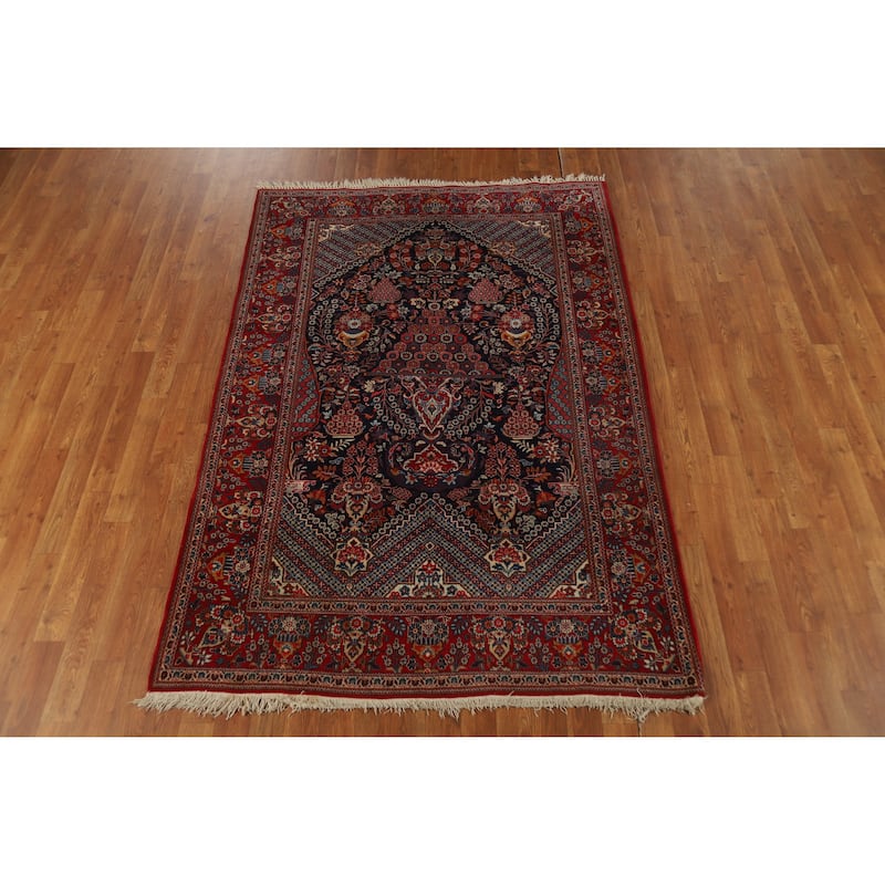 Hand Knotted Oriental 100% Wool Carpet Traditional Floral Navy Blue & Blues Isfahan Area Rug - 6' 8'' X 4' 6''