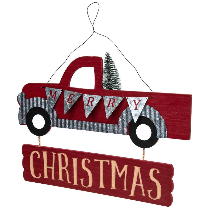 Merry Christmas Truck Hanging Wall Sign - 15.75"