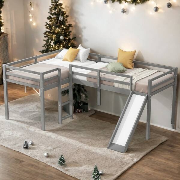 slide 2 of 29, L-Shaped Twin Size Loft Bed with Ladder and Slide, Space-saving, Grey Grey