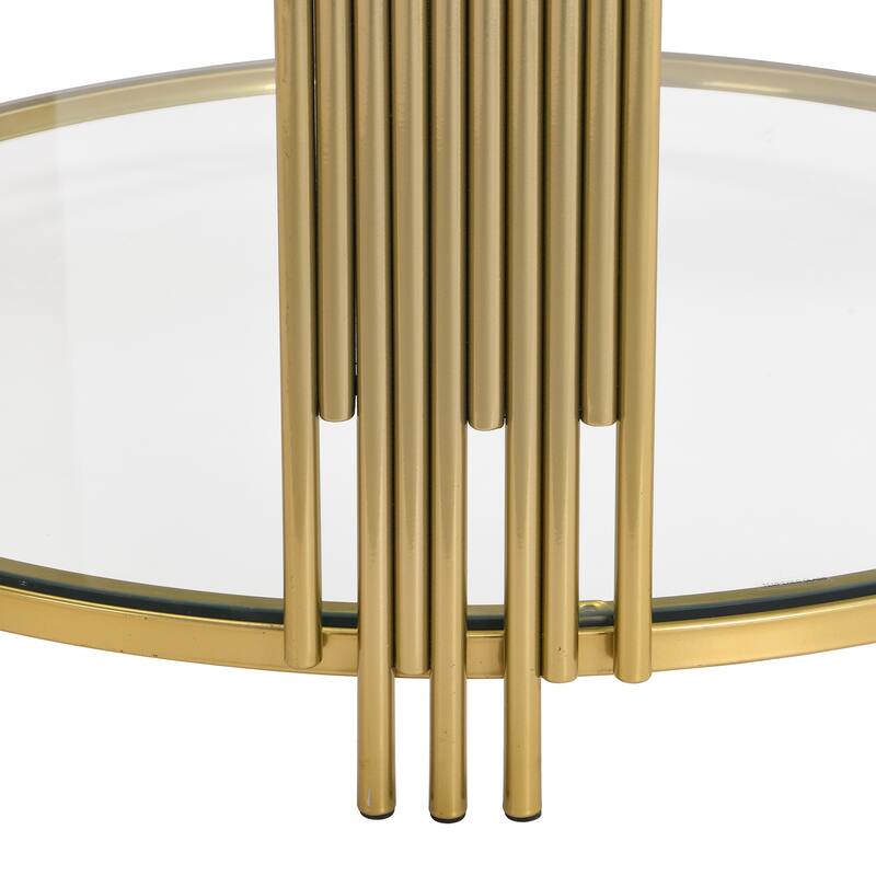 31.5" Tempered Glass Coffee Table with Asymmetrical Metal Design and Lower Shelf