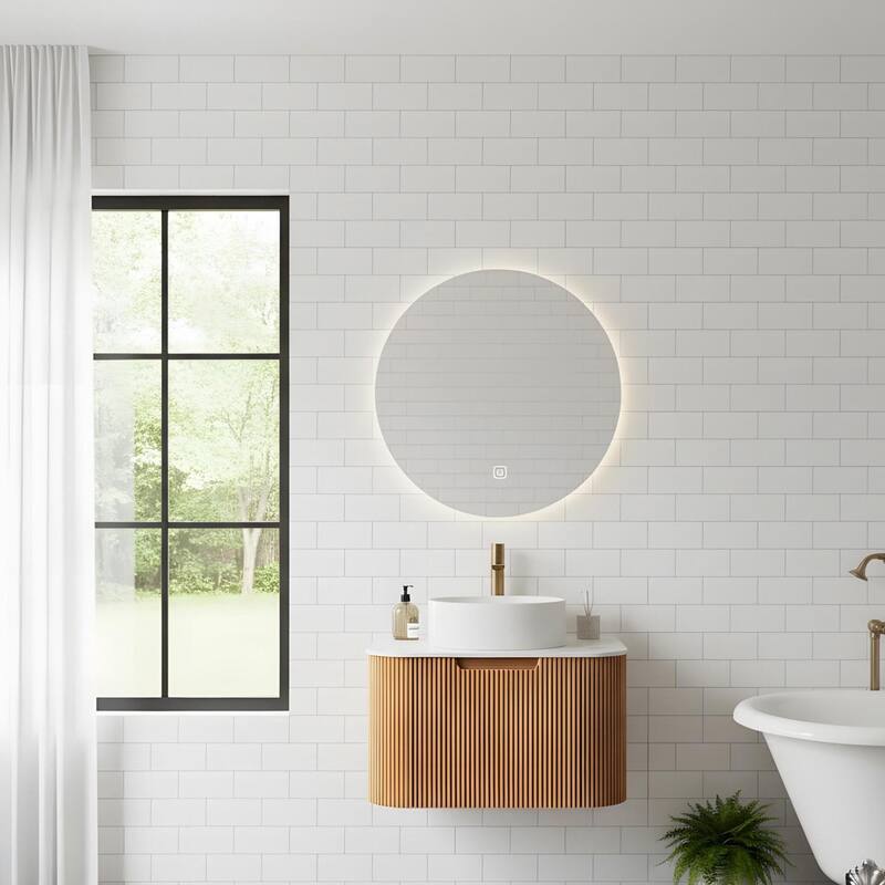 Wall Mounted Bathroom with White Round Ceramic Basin and Drawer - Natural Wood - 24