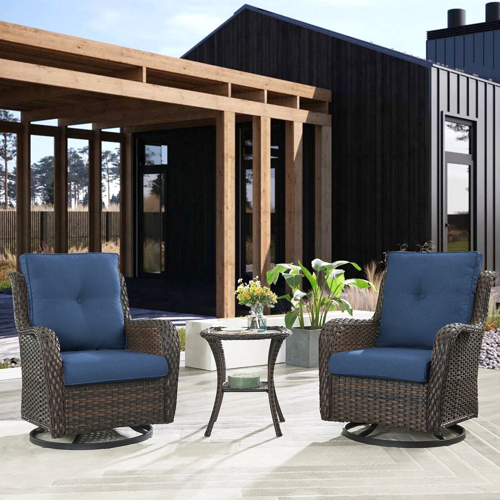 Pocassy 3-Piece Outdoor Swivel Bistro Set, Wicker Rocking Chairs