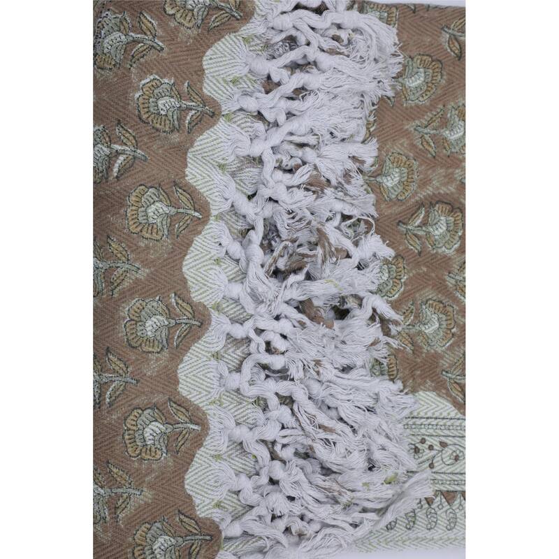 Fabdivine Rohini Handwoven Cotton Throw Blanket - Floral Block Print Decorative Home Accent with Artisan Fringe, 90" x 54"