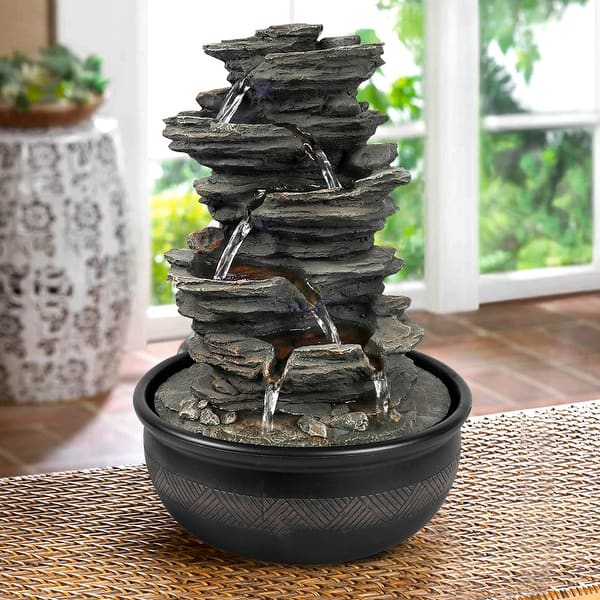 slide 2 of 13, 15.7 inches High Rock Falls Tabletop Water Fountain with LED Lights grey