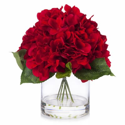 Enova Home Artificial Large Silk Hydrangea Fake Flowers Arrangement in Clear Glass Vase for Home Wedding Decoration